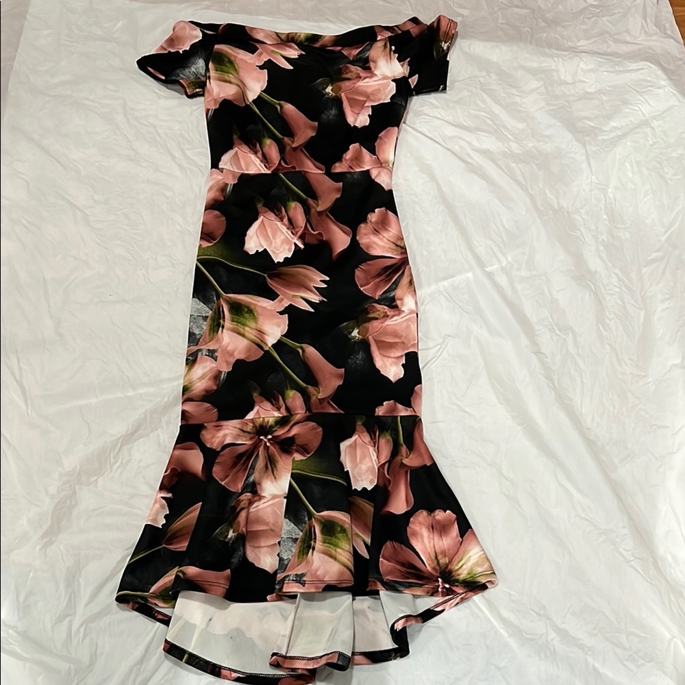Floral Off-Shoulder Dress in Black and Pink